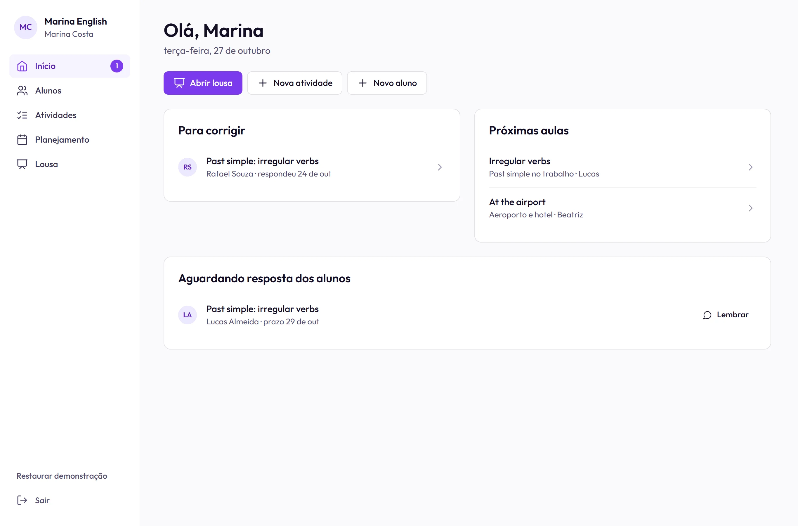 Tarefas para corrigir e próximas aulas: escola virtual no computador