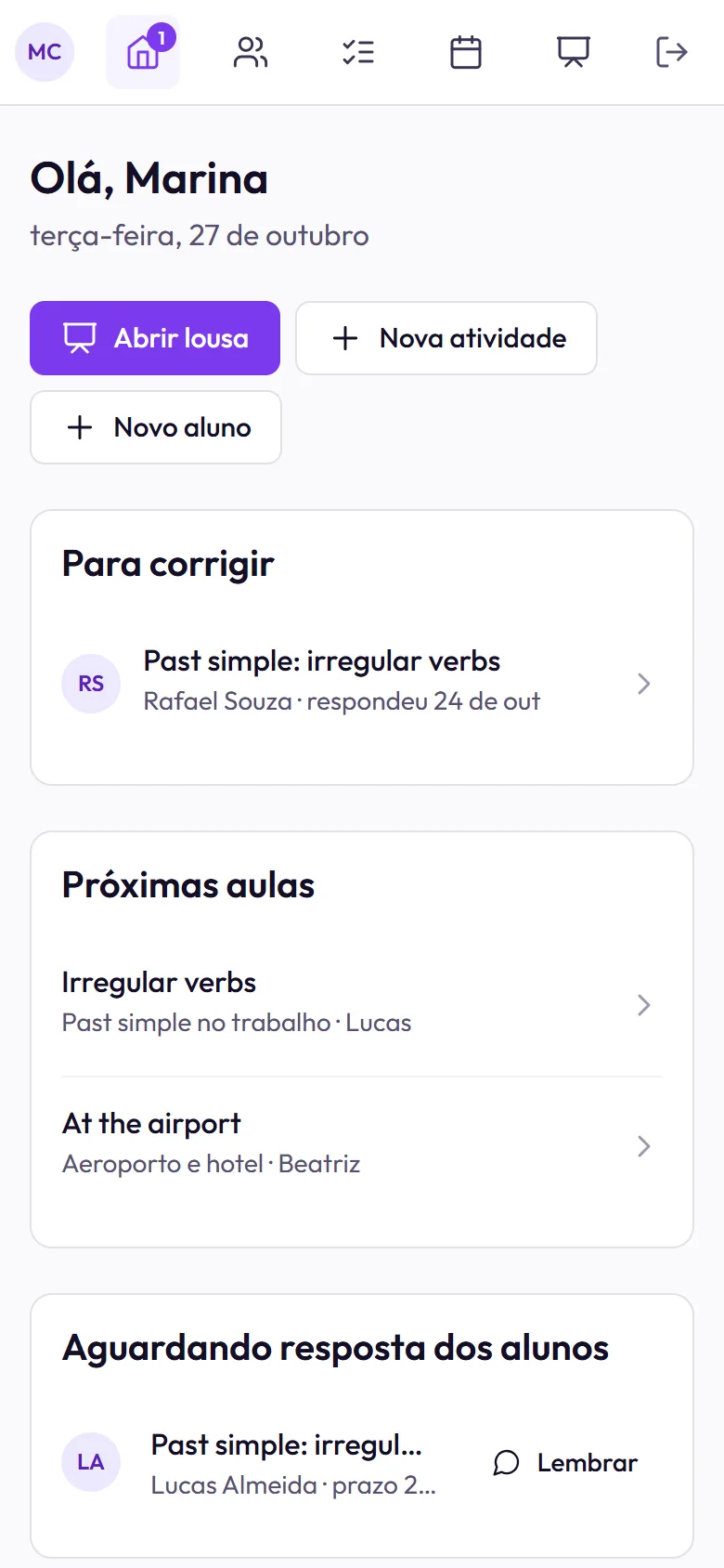 Tarefas para corrigir e próximas aulas: escola virtual no celular