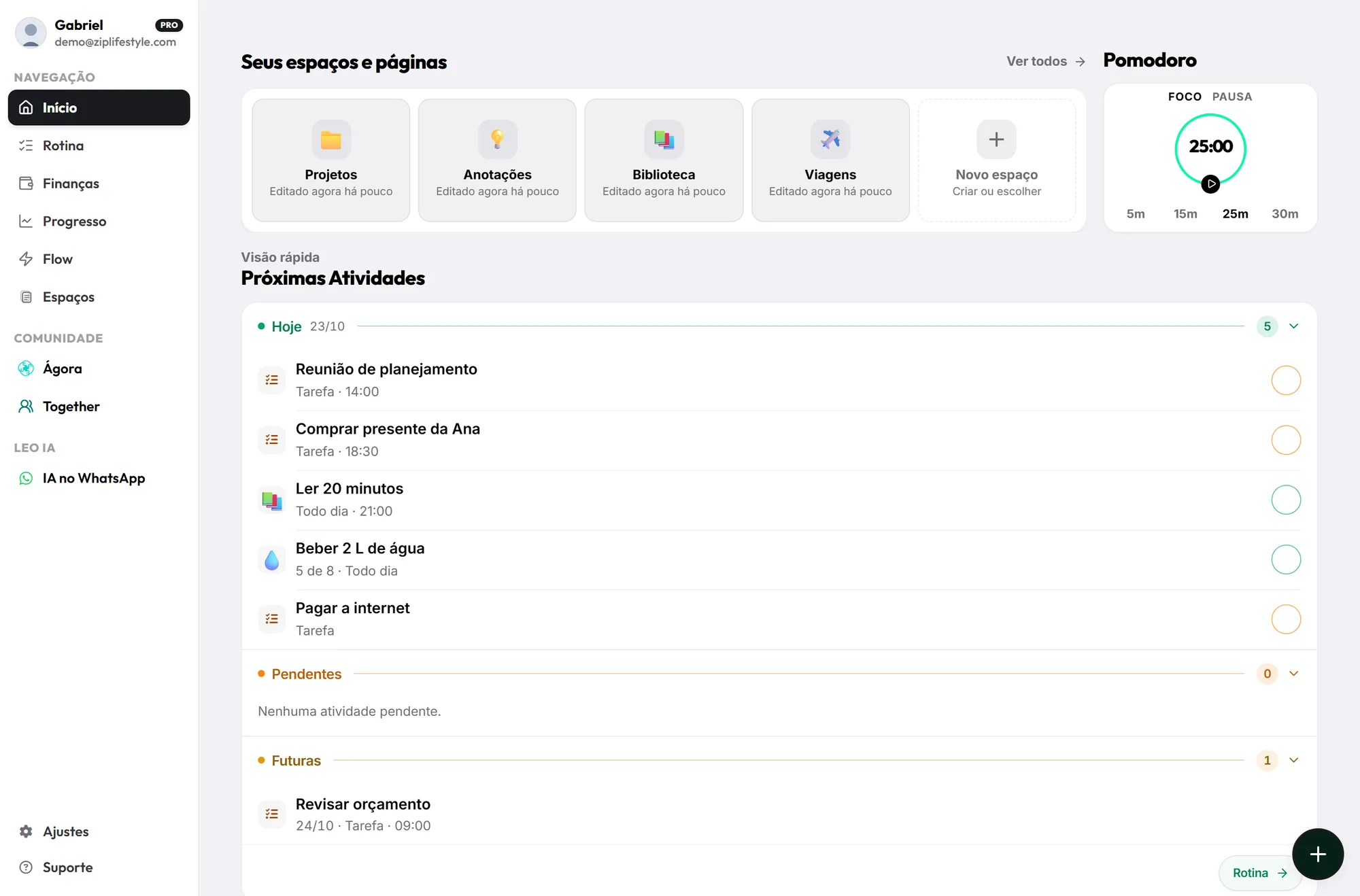 Atividades e transações na tela inicial: ZIP Lifestyle no computador