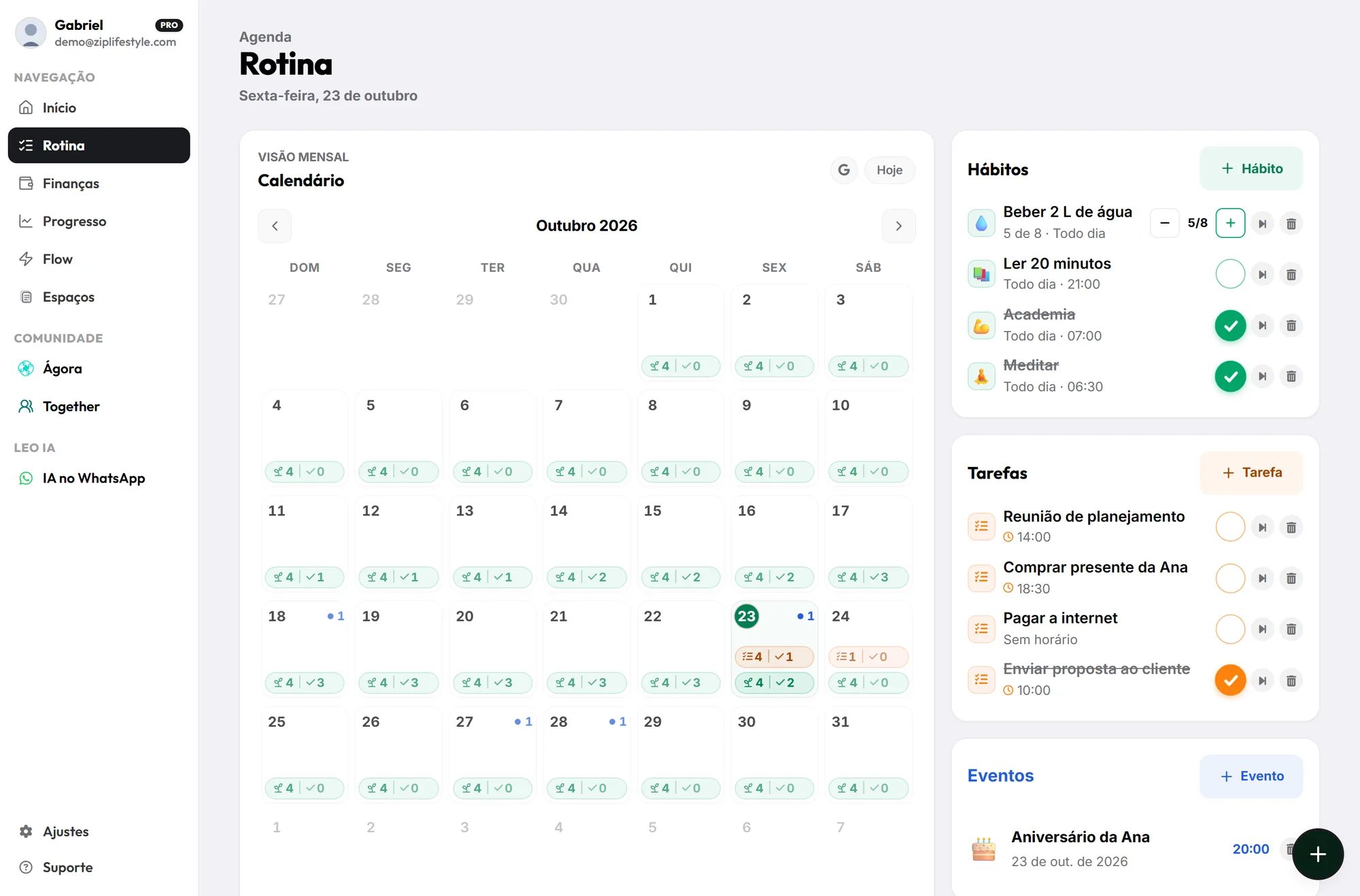Agenda de hábitos, tarefas e eventos: ZIP Lifestyle no computador