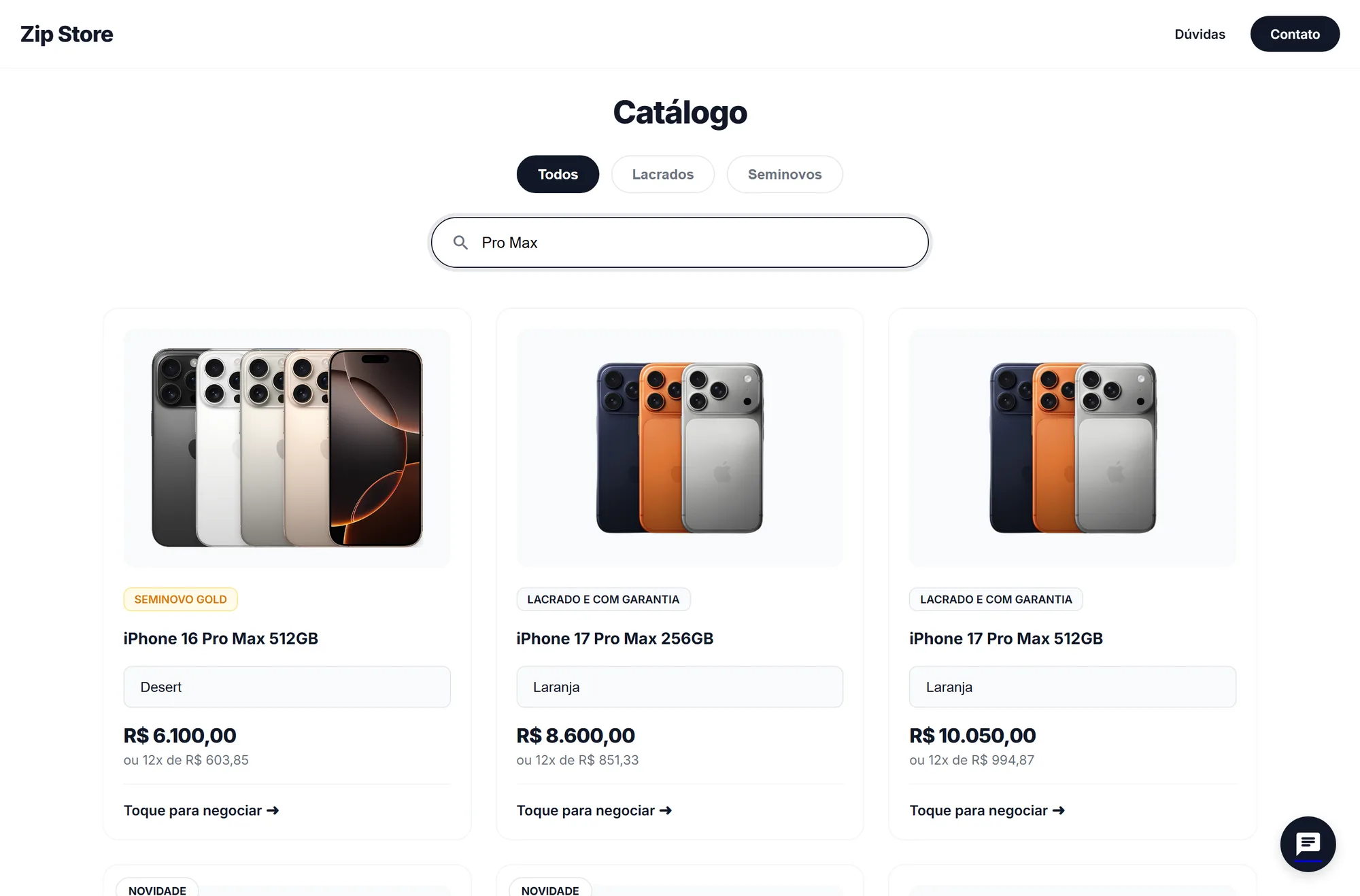Busca por modelo no catálogo: Zip Store no computador