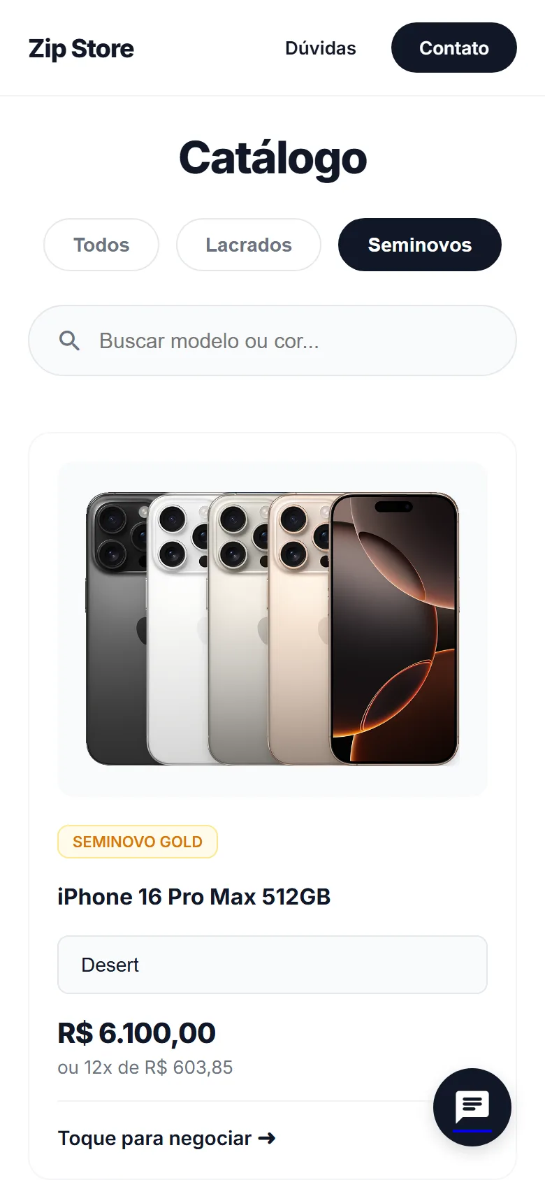 Filtro de aparelhos seminovos: Zip Store no celular